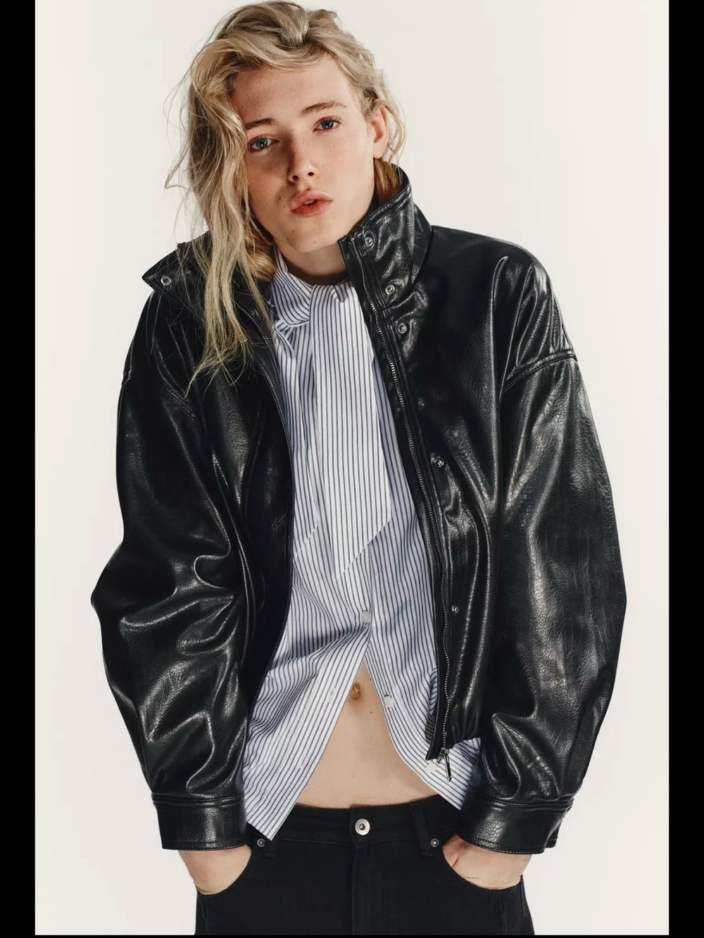 Zara Black Faux Leather Bomber Volume Jacket